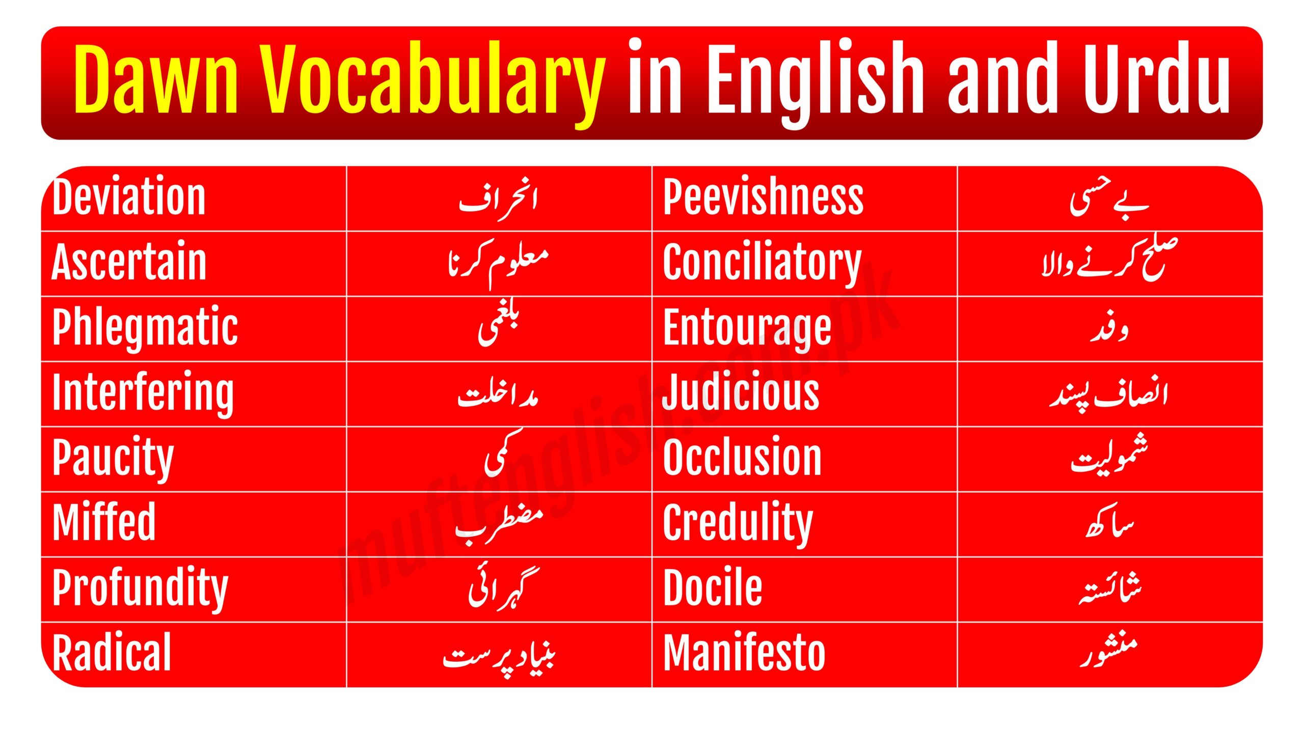 Dawn Vocabulary List with Urdu Meaning